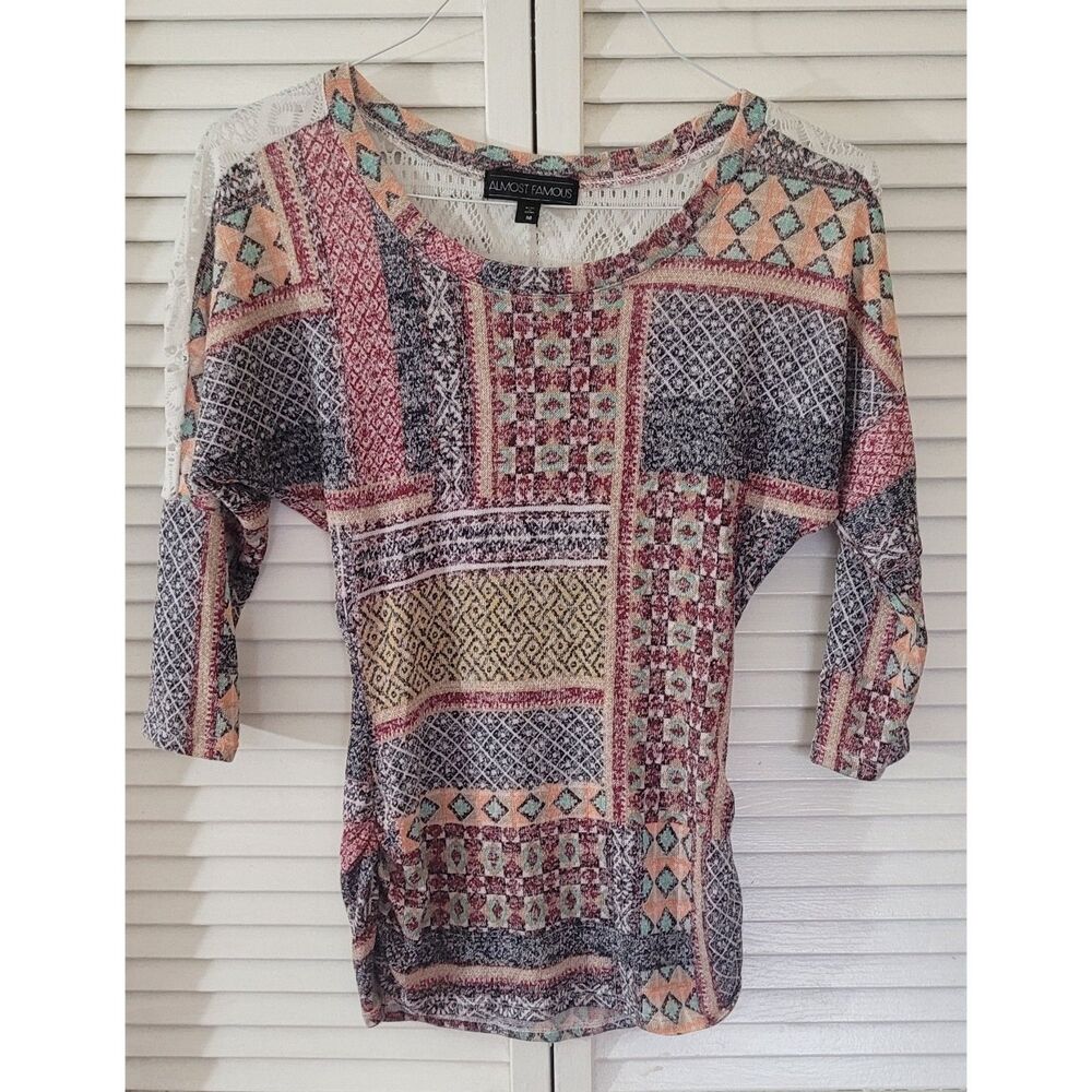 Almost Famous Patchwork Knit Dolman Top Crochet Lace Back Yoke Boho Medium